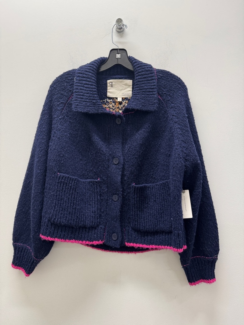 NWT Navy Anthropologie Pilcro Goldendoodle Jesse Dog Icon Cardigan Size S